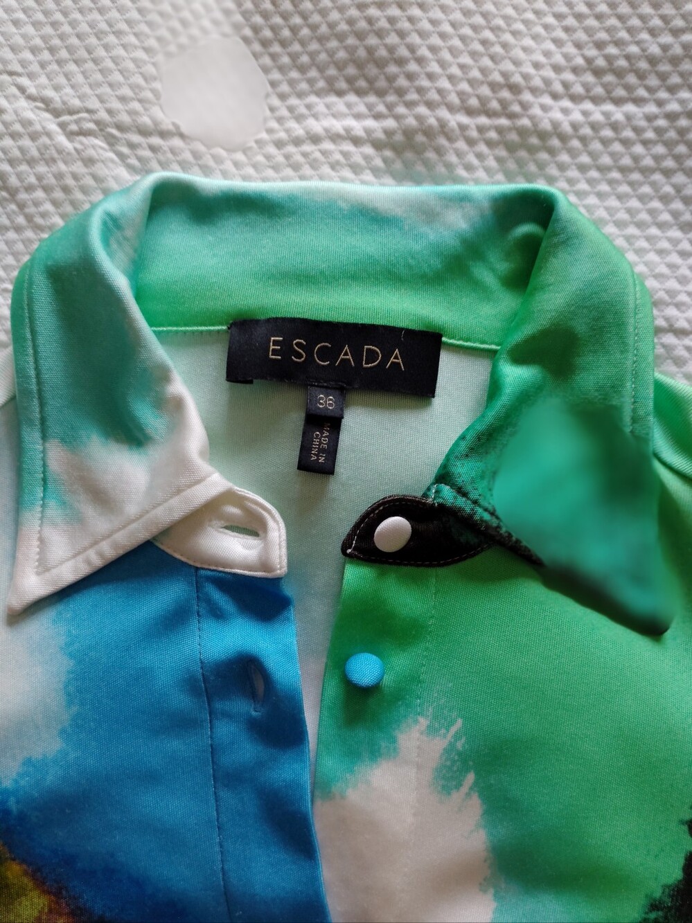 Escada Blue & Green Watercolor Silk Blouse And Pants Suit